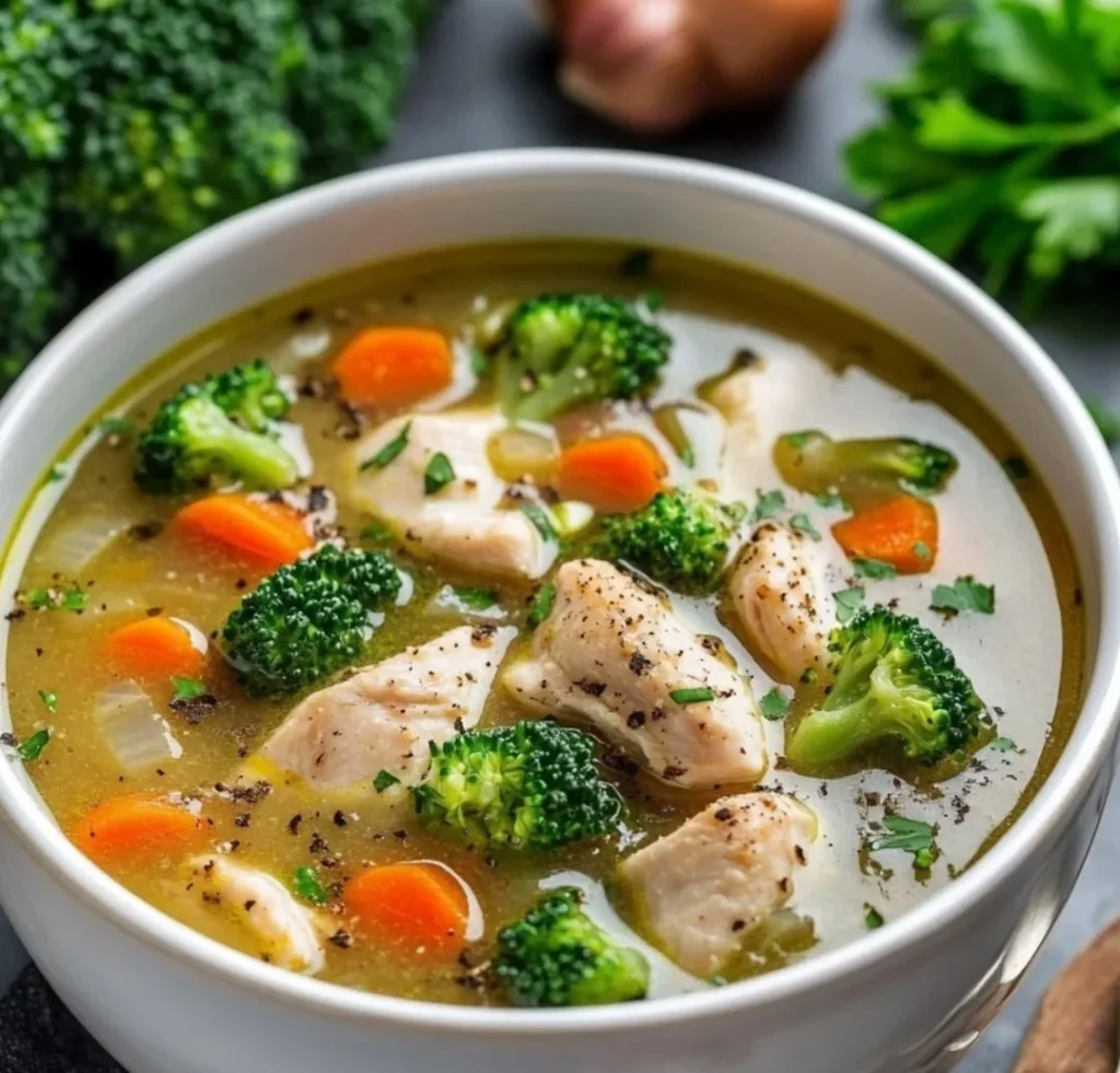 Närbild av en varm skål med kyckling och broccolisoppa, gjord med kycklingbröst, broccoli, och en rik buljong, garnerad med färsk persilja, riven parmesanost och citronklyftor.
