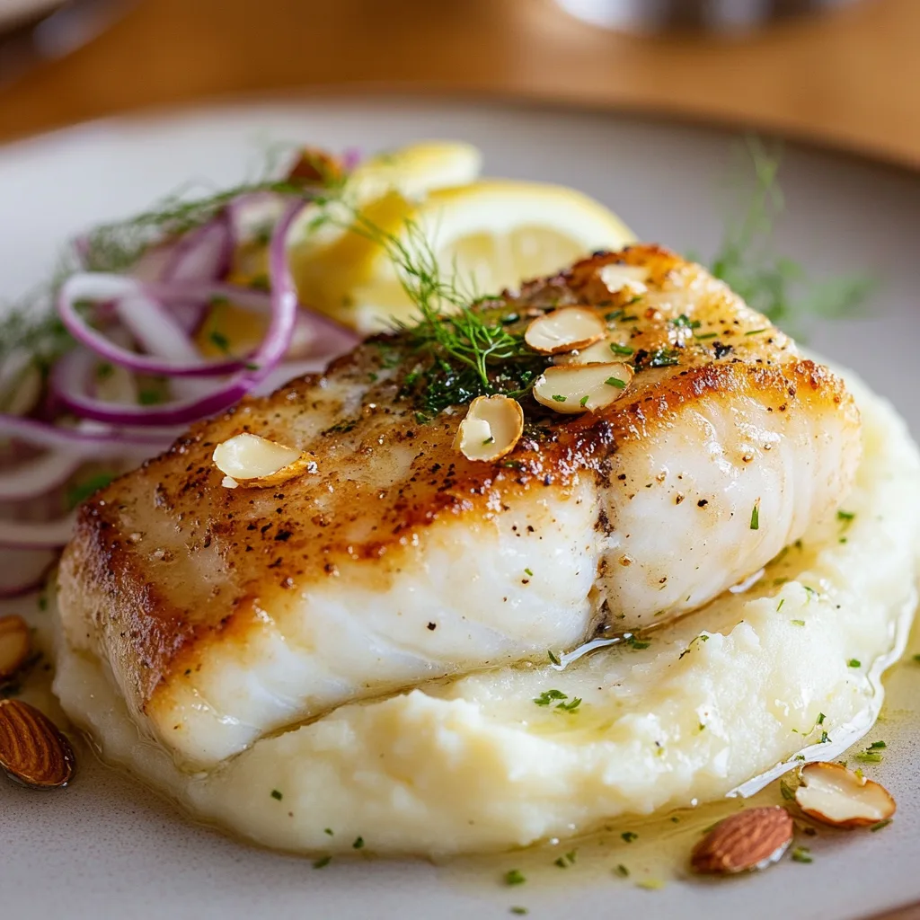 En vackert serverad rätt med torskfiléer toppade med brynt sojasmör och parmesanmos, serverad med en citronfänkålssallad vid sidan, på ett rustikt träbord.