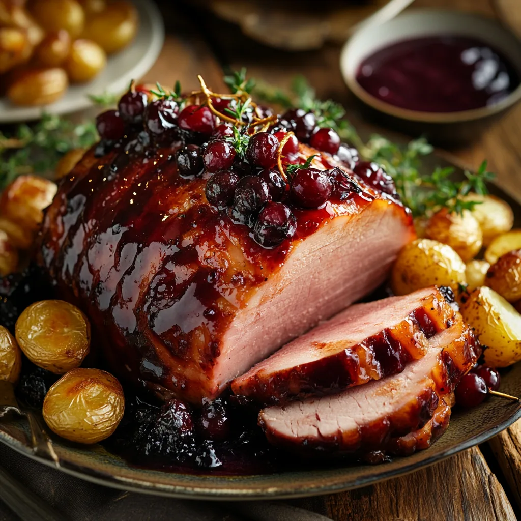 Skinkstek med svartvinbärssås, garnerad med färska örter och serverad med rostade grönsaker.