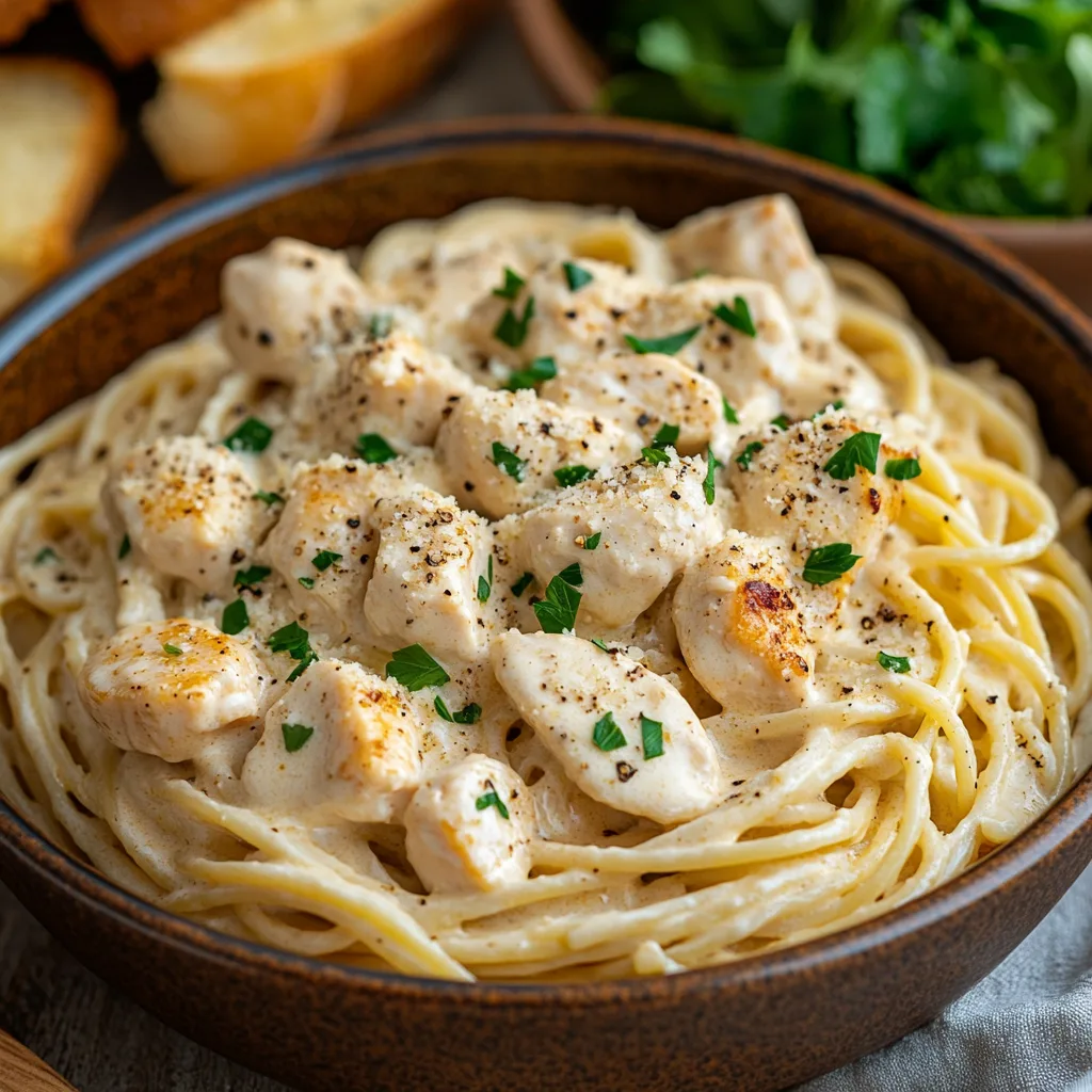 Närbild av en varm tallrik med krämig kyckling spaghetti, gjord med kycklingbröst, spaghetti, och en krämig sås, garnerad med färsk persilja och riven parmesanost.