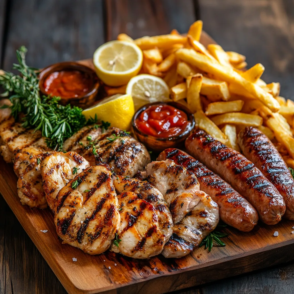 Närbild av en varierad grilltallrik med kyckling, fläsk, nötkött och korv, serverad med krispiga pommes frites, garnerad med färska örter, ketchup och majonnäs.
