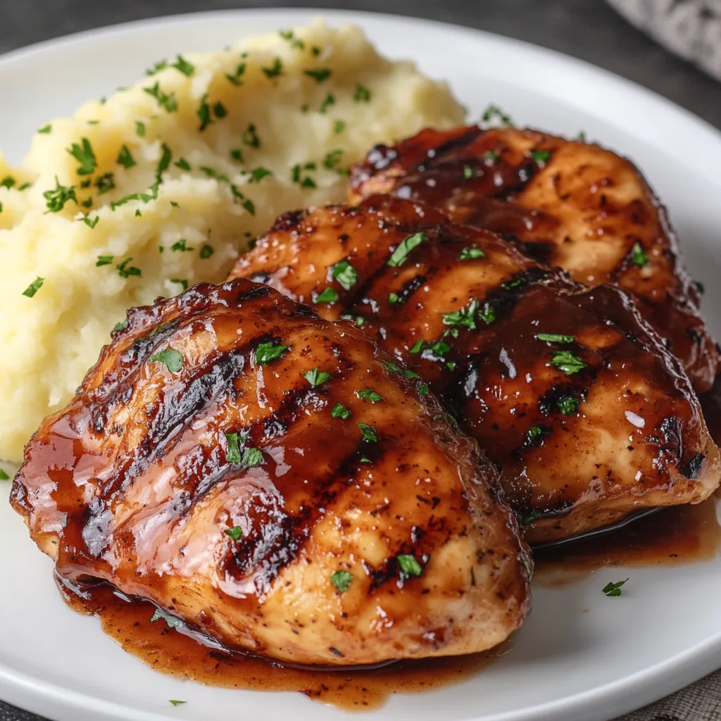 Närbild av en varm tallrik med honung BBQ kyckling och krämiga vitlök parmesan potatis, serverad med smält ost och garnerad med färsk persilja.