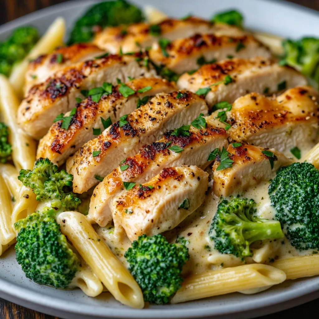 Närbild av en varm tallrik med vitlöksörtskyckling och krämig broccoli penne, gjord med kycklingbröst, penne pasta, och en krämig sås med broccoli, garnerad med färsk persilja och riven parmesanost.