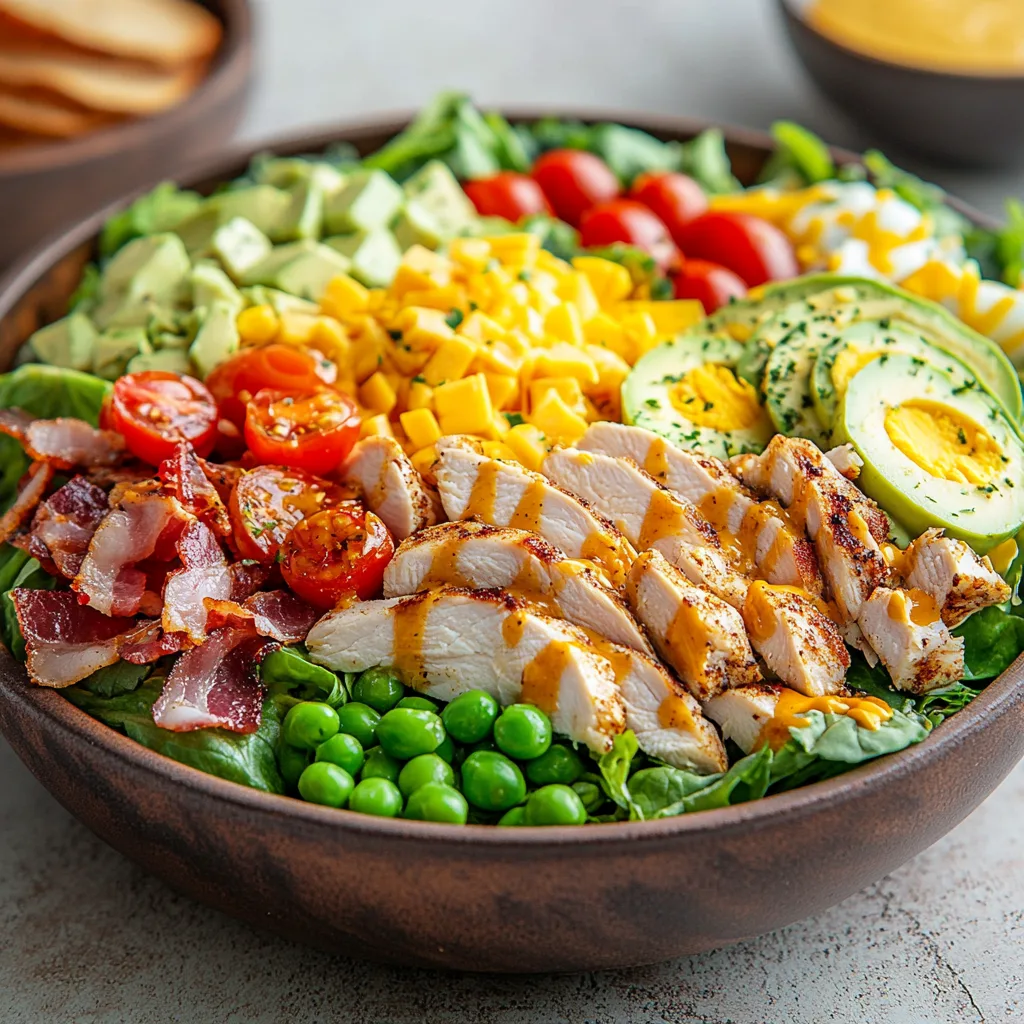 En vackert serverad Cobb sallad med kyckling, avokado, tomater, gurka, rödlök, kokta ägg, bacon och fetaost, garnerad med honung- och senapsdressing, på ett rustikt träbord med en vitvinsflaska.