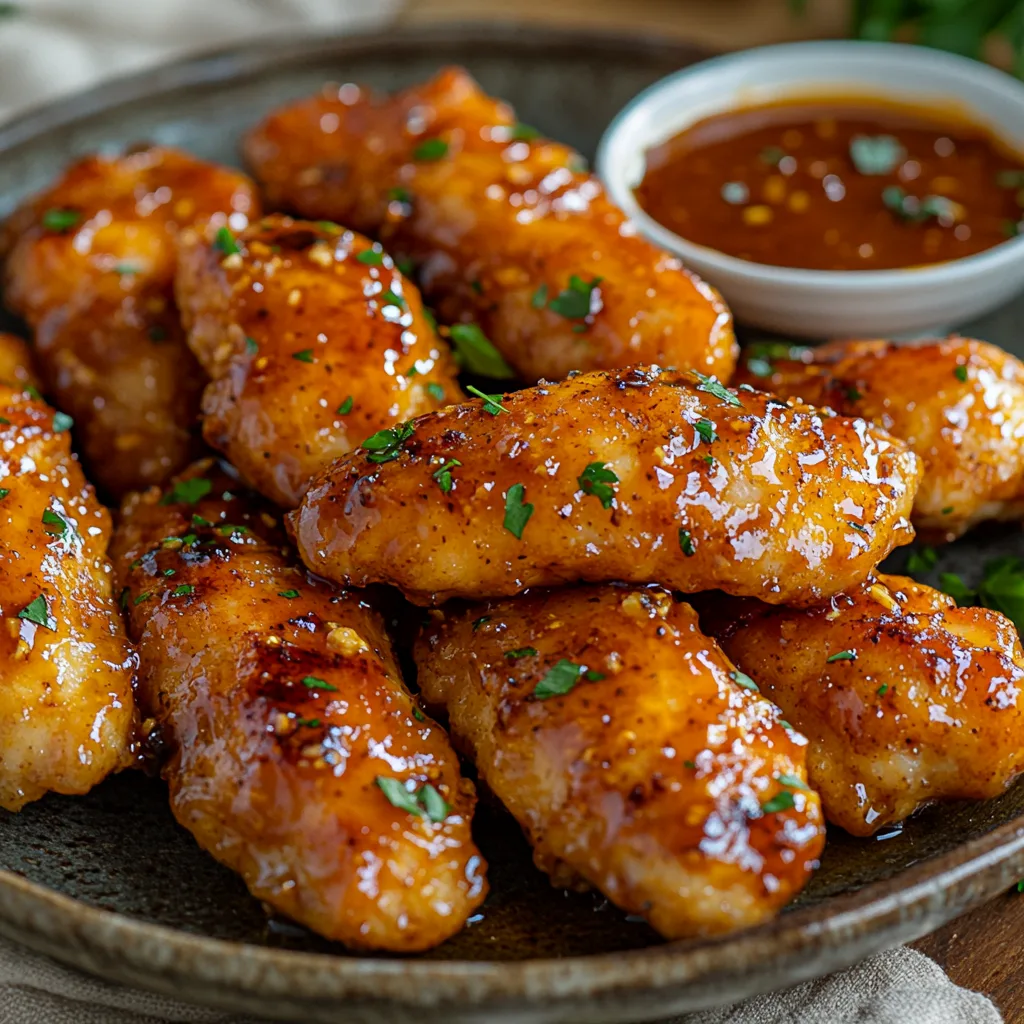 Närbild av en varm tallrik med söt & kryddig honung vitlök kycklingtenders, serverade med en aromatisk glasyr och garnerad med färsk persilja.