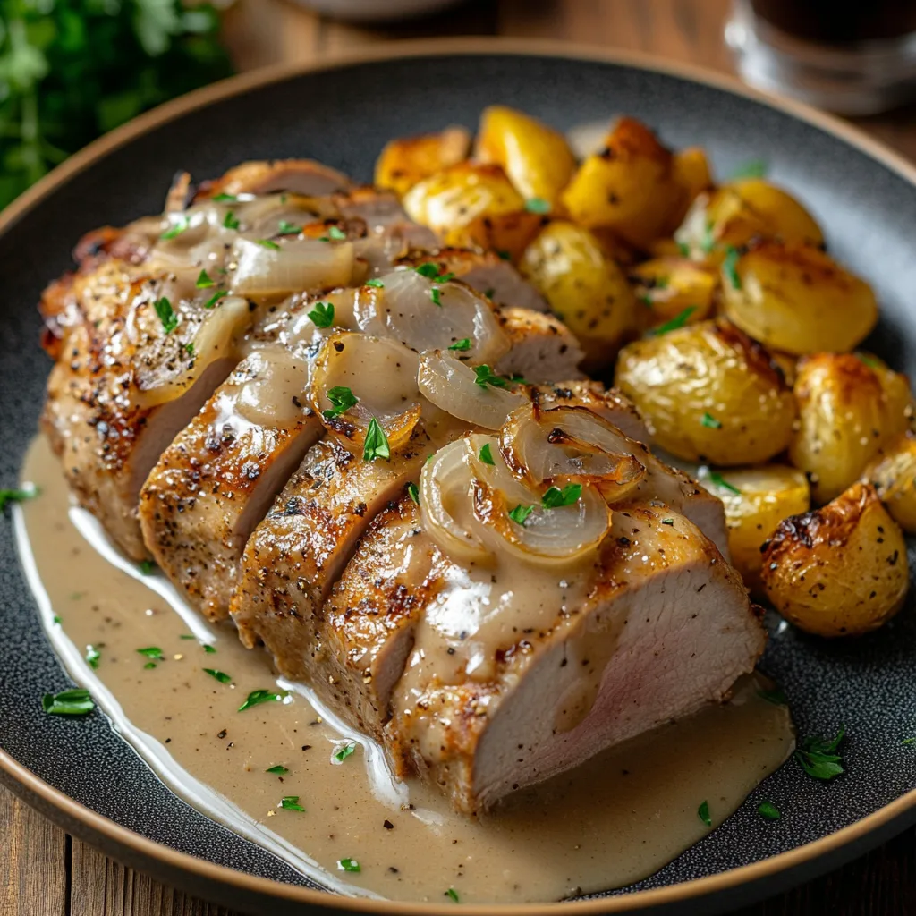 En tallrik med stekt fläsk, krämig löksås, kokt potatis och färsk persilja på ett rustikt träbord.