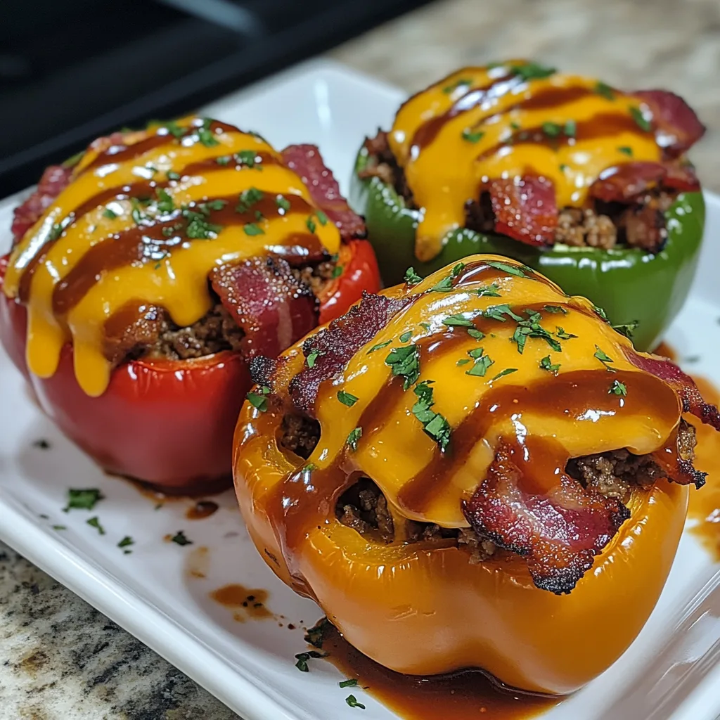 Närbild av en varm tallrik med BBQ Bacon Cheeseburger Fyllda Paprikor, gjorda med fyllda paprikor och en rik blandning av nötkött, bacon, BBQ-sås och riven ost, toppade med smält ost.