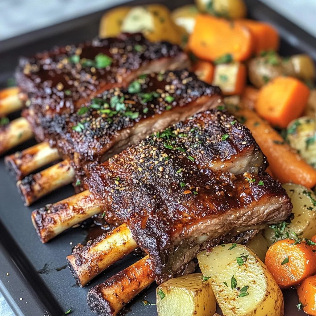 En tallrik med brynta oxrevben serverad med rostade rotfrukter och gyllene potatis på ett rustikt träbord, dekorerad med rosmarin och ett glas rödvin.