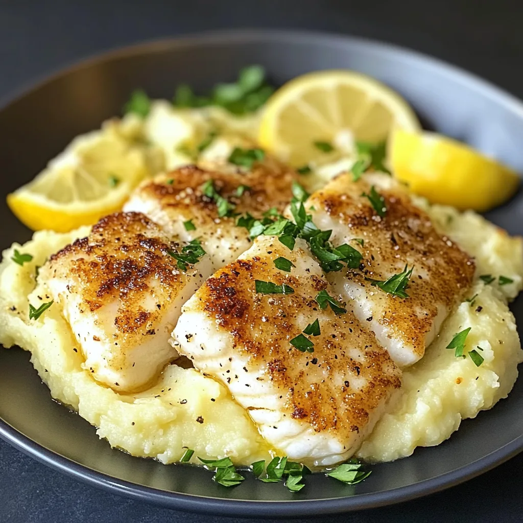 En vackert serverad rätt med smörstekt torskrygg, krossad potatis och citronkrämsås, garnerad med färska örter och en citronskiva, på ett rustikt träbord.