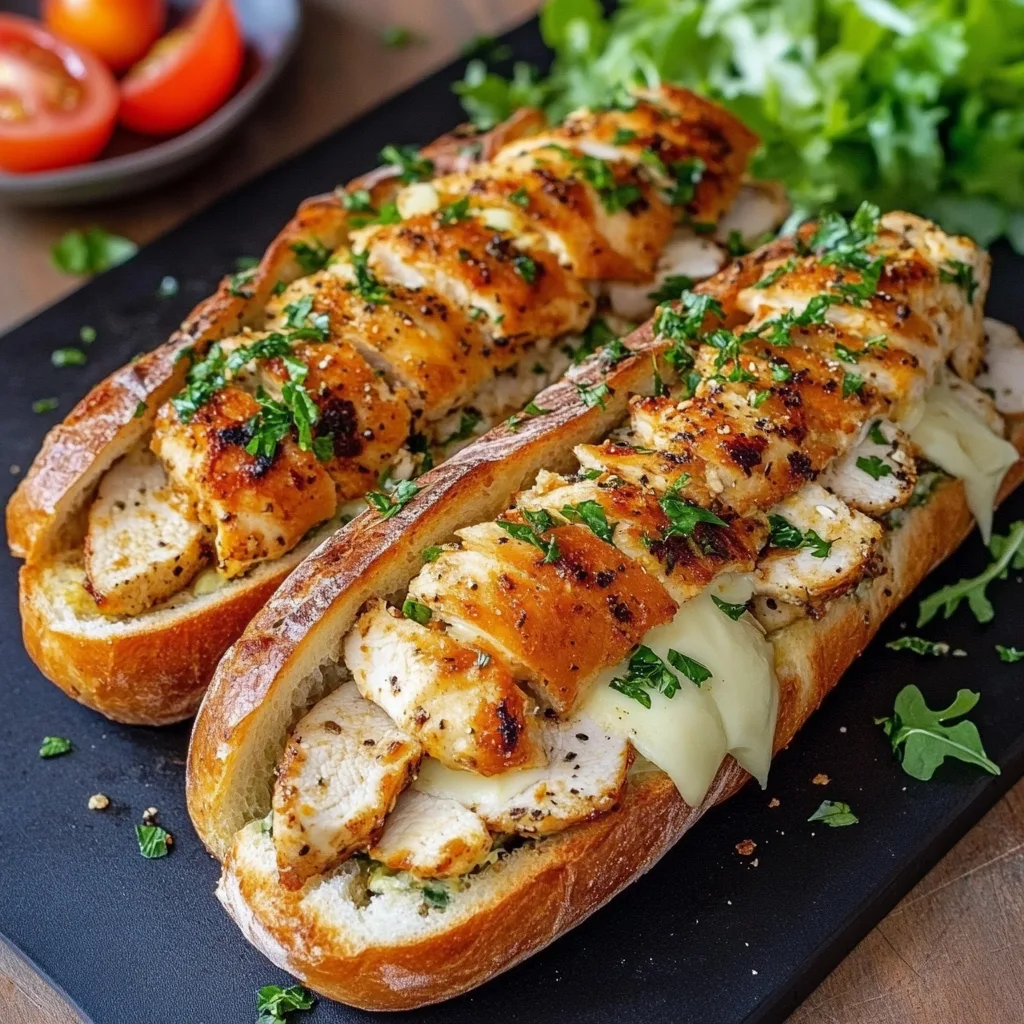 En vackert serverad rätt med kycklingfiléer toppade med garlic bröd och smörgås, garnerad med hackad persilja, på ett rustikt träbord med en vitvinsflaska.