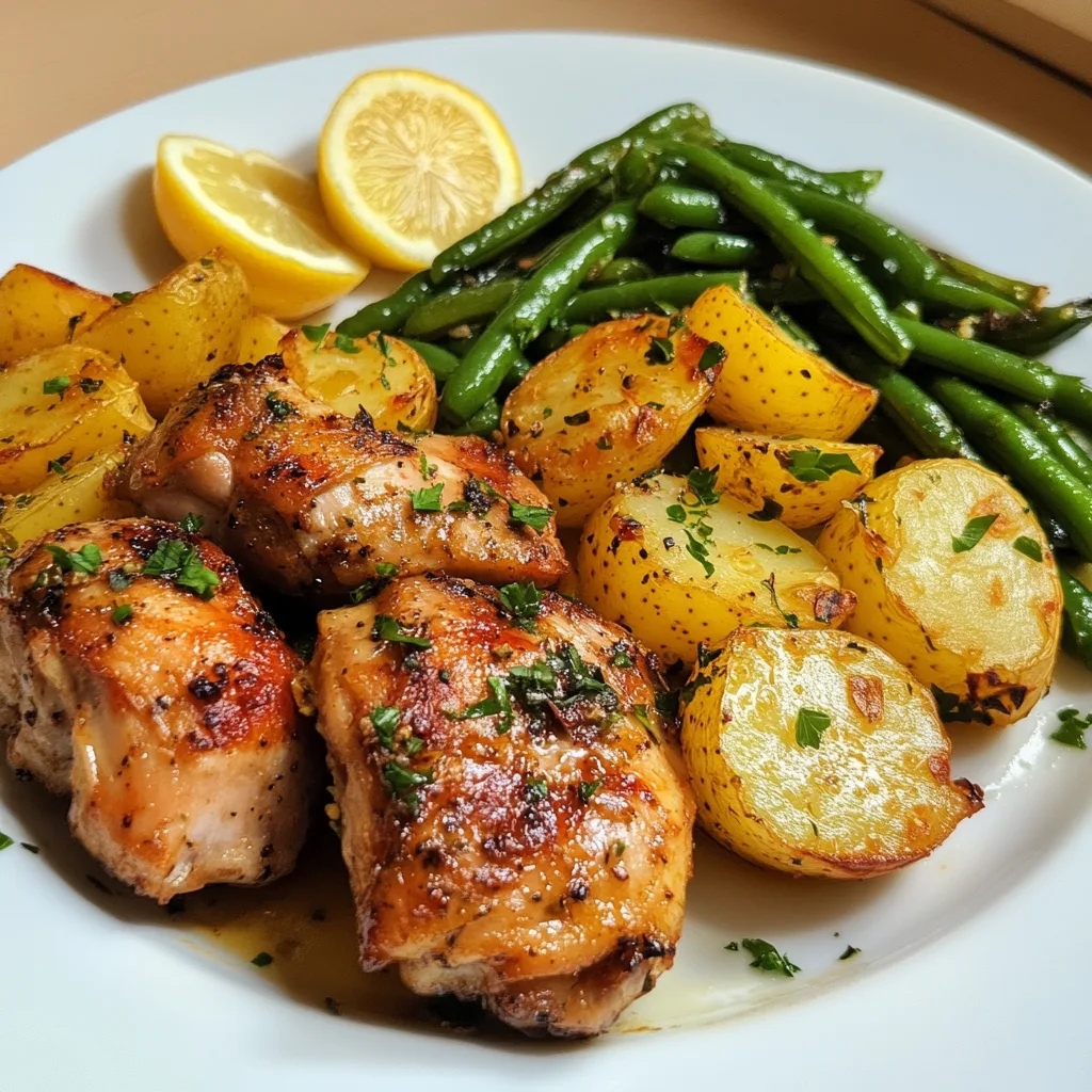 En vackert serverad rätt med kycklingfiléer, potatis och gröna bönor, garnerad med hackad persilja, på ett rustikt träbord med en vitvinsflaska.