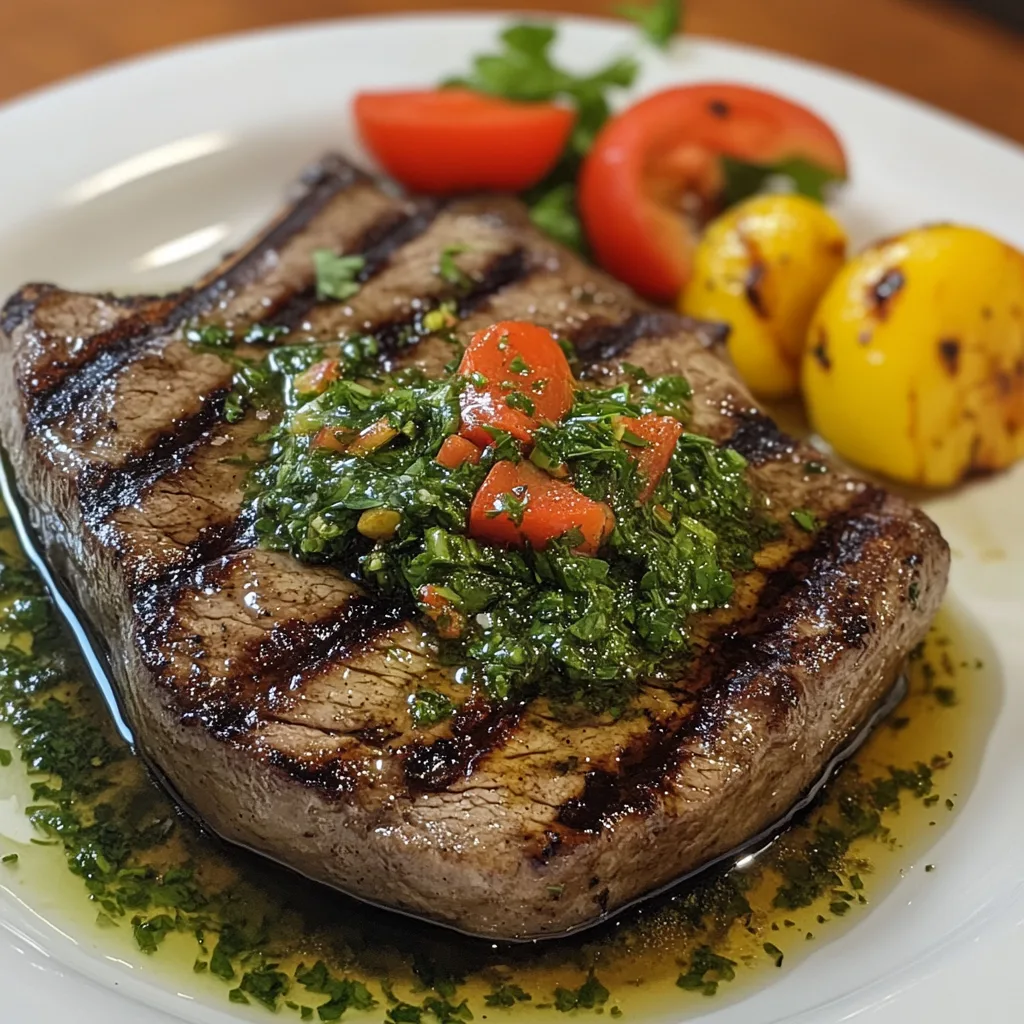 Grillad biff med chimichurri-sås, färska örter och grillade grönsaker.