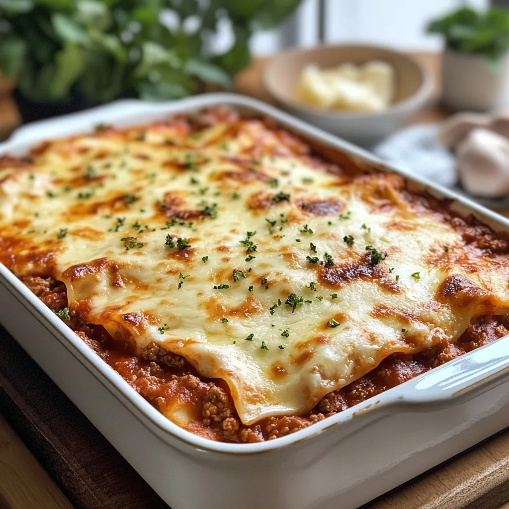 En vackert serverad klassisk lasagne med lager av köttfärssås, béchamelsås och ost, garnerad med hackad basilika, på ett rustikt träbord med en vitvinsflaska.