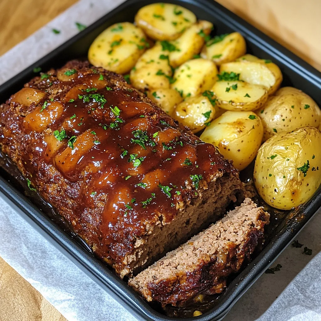 Närbild av en varm tallrik med klassisk köttfärslimpa och potatis, serverad med en rik tomatglasyr och garnerad med färsk persilja.