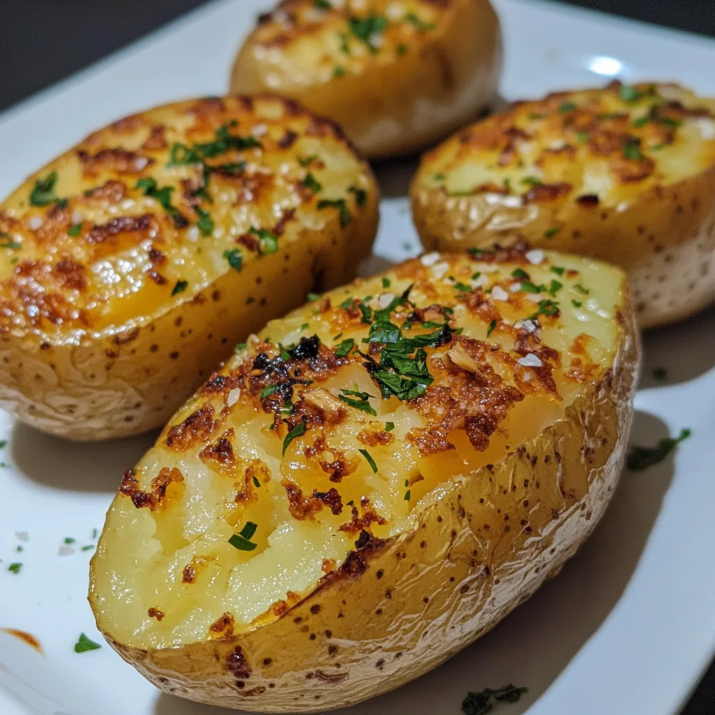 Närbild av en varm tallrik med vitlök och kryddbakade potatisar, garnerad med färska örter.