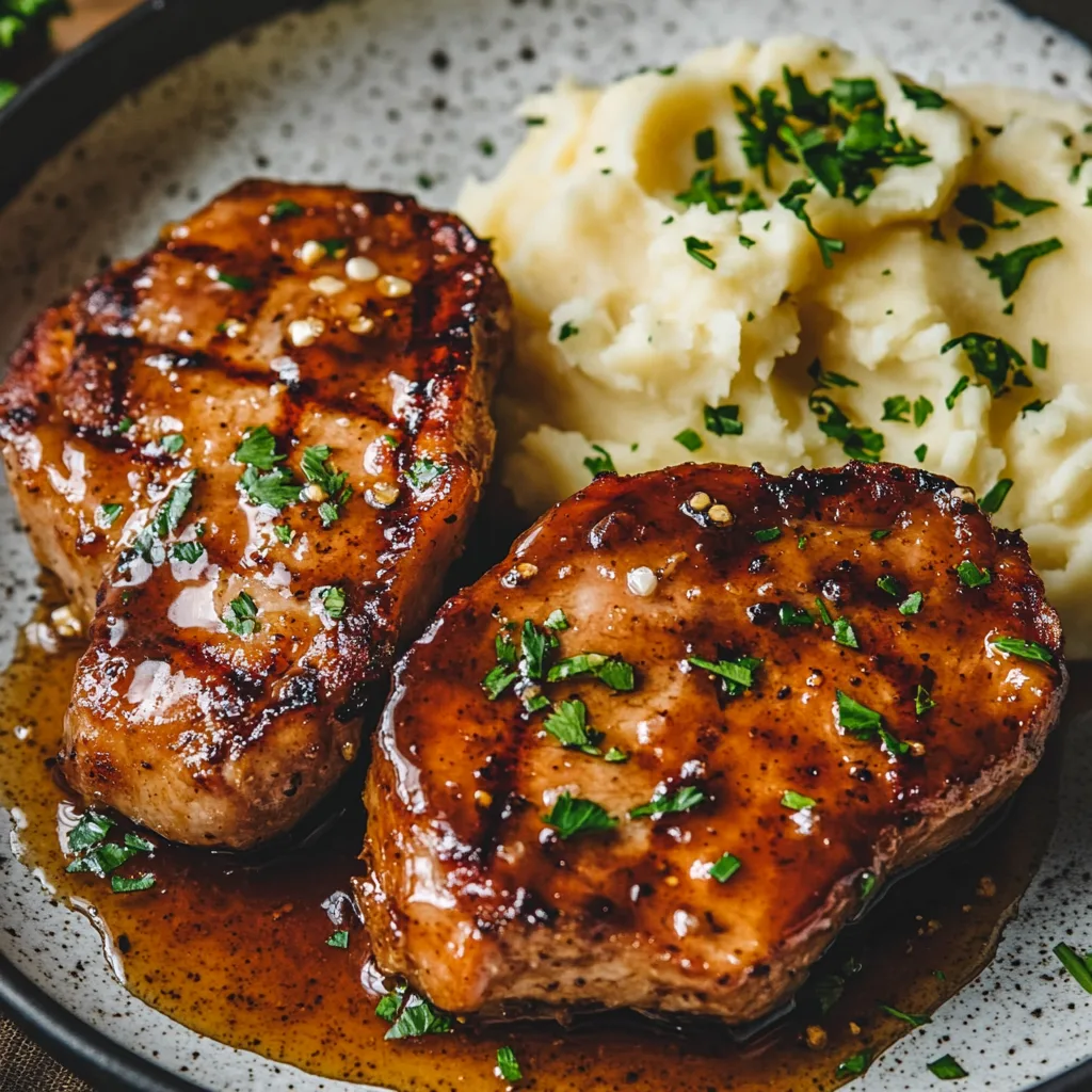 Närbild av en varm tallrik med honung- och vitlöksglaserade fläskkotletter, serverade med potatismos, garnerad med färsk persilja.