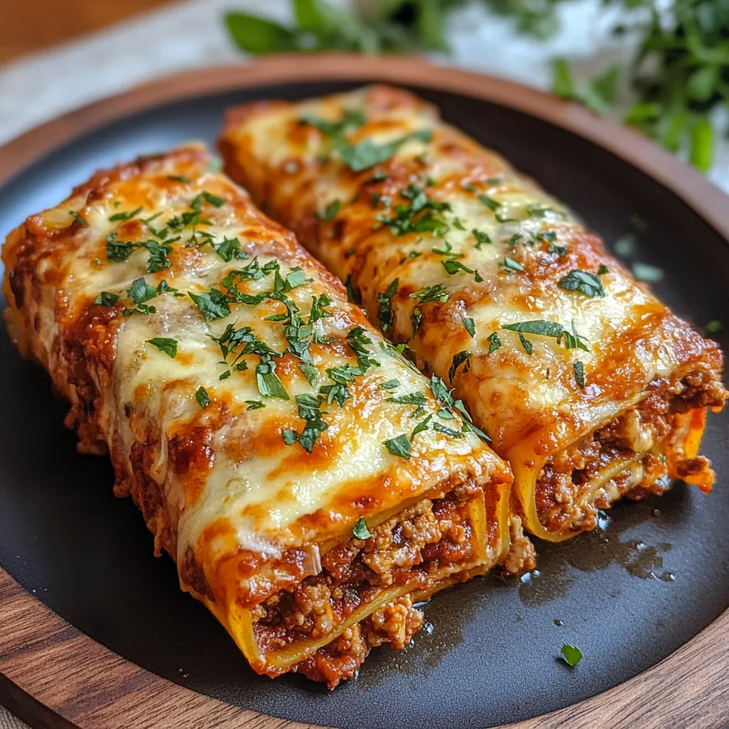 Närbild av en varm tallrik med lasagne rullar, gjorda med lasagneplattor fyllda med köttfärs och ost, toppade med smält mozzarella och parmesanost, garnerad med färsk basilika.