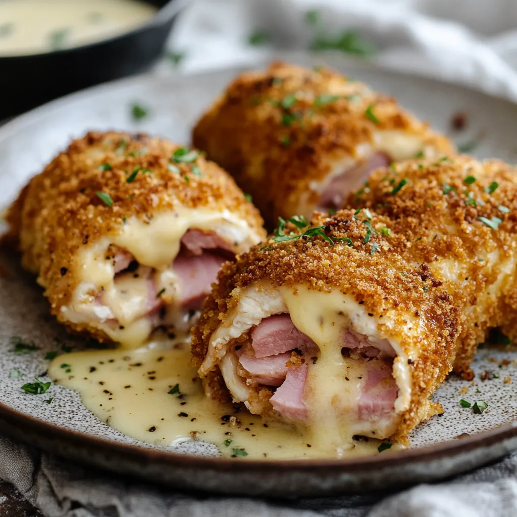 Närbild av en varm tallrik med ugnbakad kyckling cordon bleu, fylld med skinka och ost, panerad med panko ströbröd, serverad med en krämig Dijon senapssås och garnerad med färsk persilja.