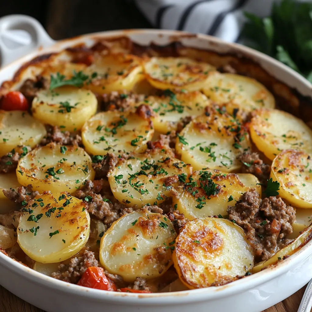 En vackert serverad gratäng med potatis och köttfärs, garnerad med hackad persilja, på ett rustikt träbord med en vitvinsflaska.