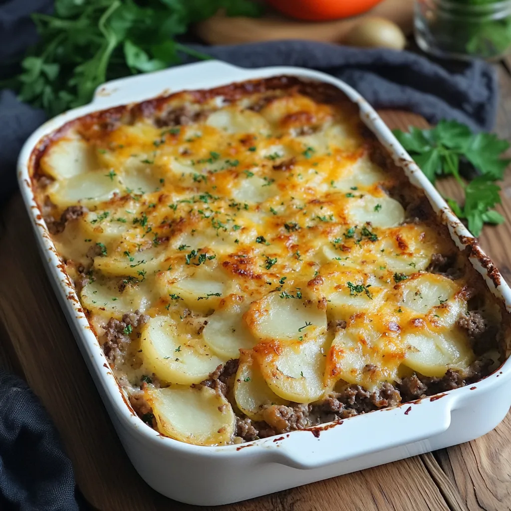 En vackert serverad gratäng med potatis och köttfärs, garnerad med hackad persilja, på ett rustikt träbord med en vitvinsflaska.