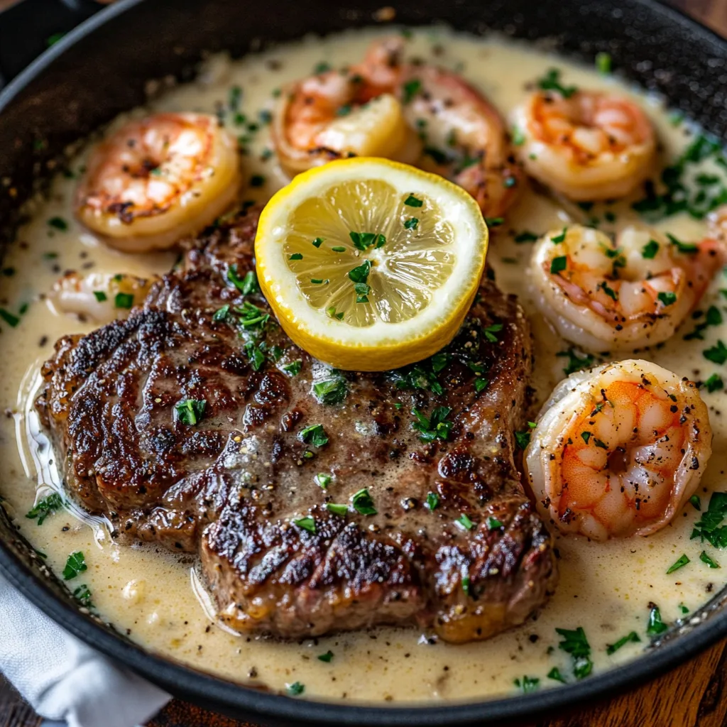 Steak och räkscampi i citronsmör, serverat med färsk persilja och citronklyftor.
