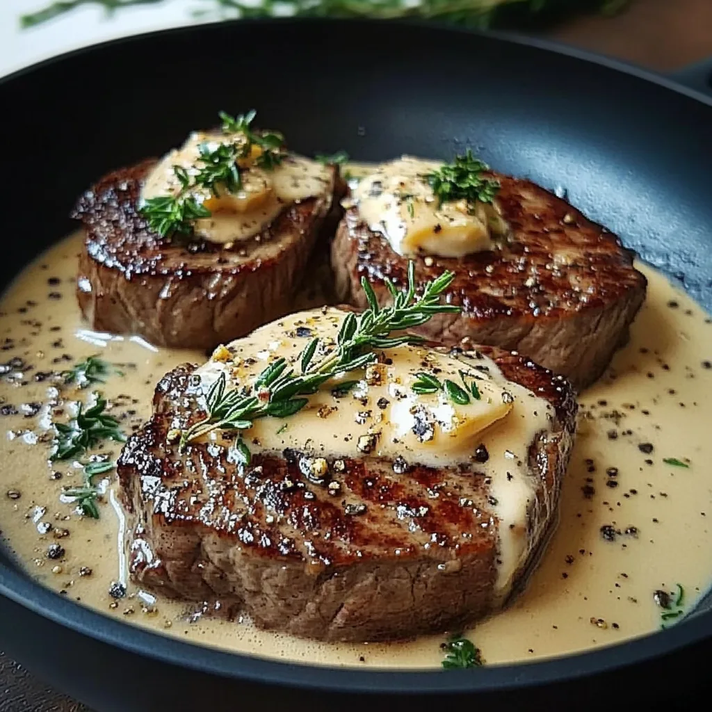 Steak med vitlökskrämsås, perfekt grillad med en krämig sås och färska örter som garnering.