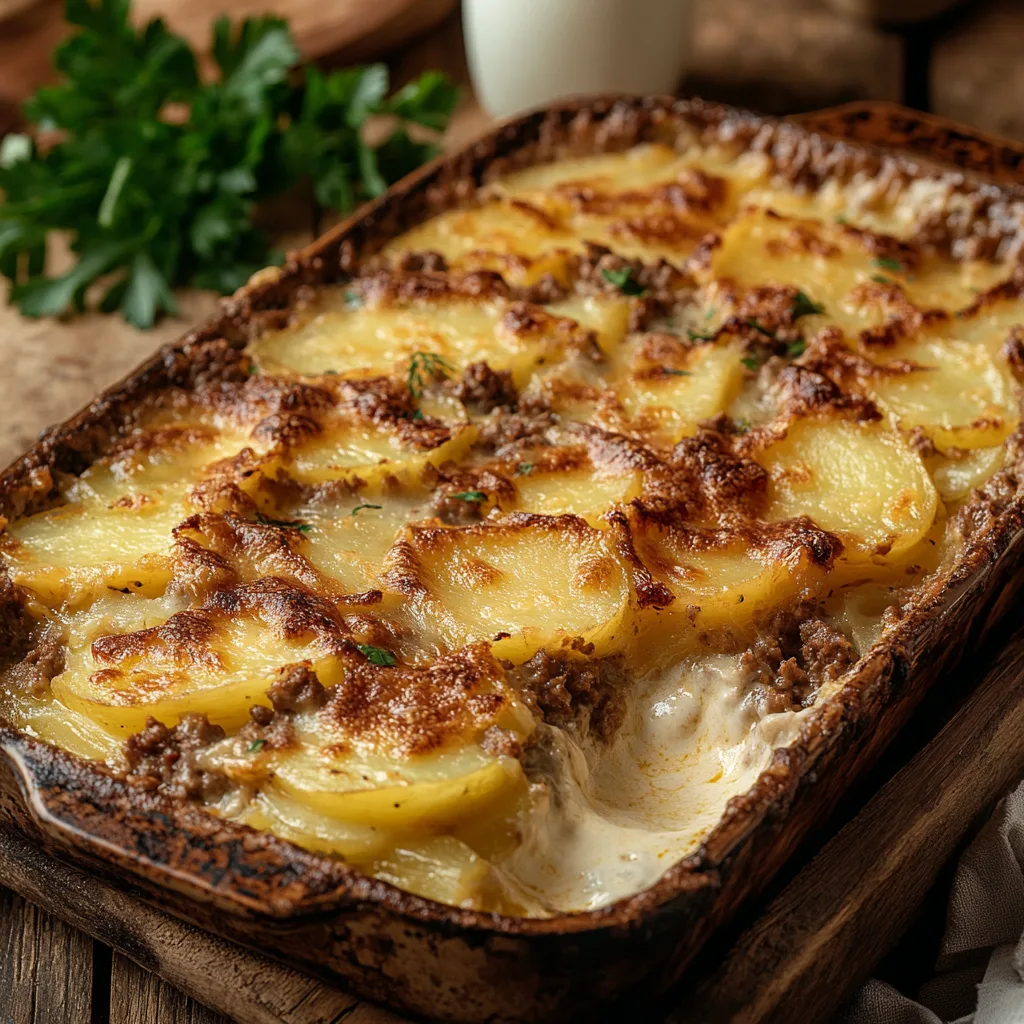 Närbild av en varm tallrik med potatis och köttfärs gratäng, toppad med smält ost.