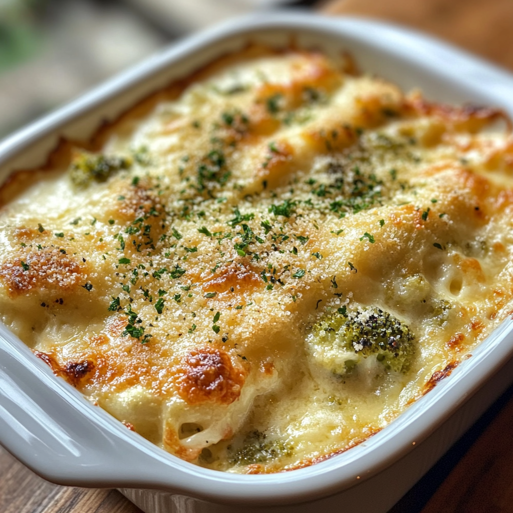 Närbild av en varm skål med krämig broccoligratäng med ost och vitlök, garnerad med parmesanost.