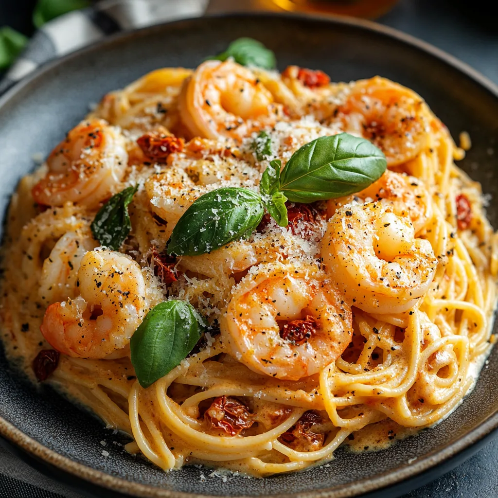 Närbild av en varm tallrik med krämig vitlöksskaldjurspasta med pikant soltorkad tomatsås, garnerad med färsk basilika och riven parmesanost.