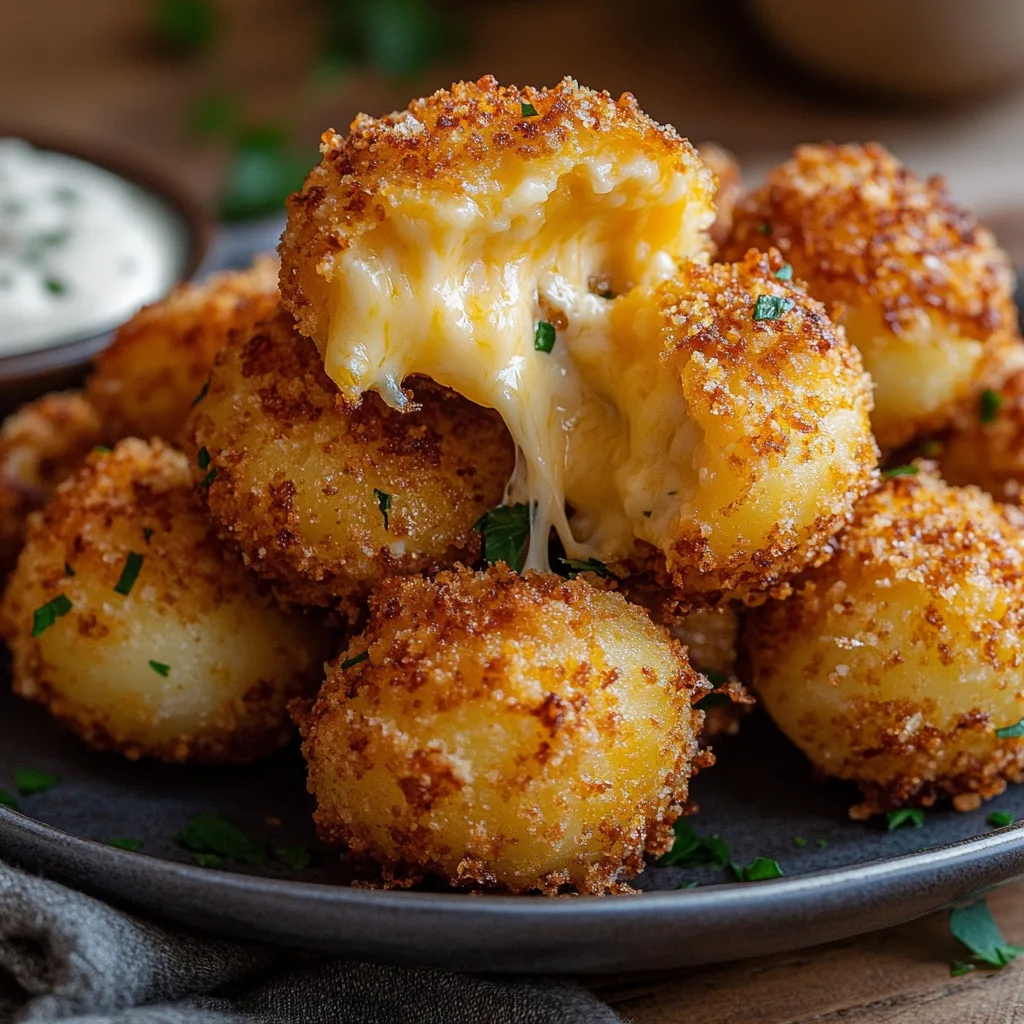 Närbild av en varm tallrik med knapriga vitlökssmör potatis ost-bomber, serverade med dippsås.