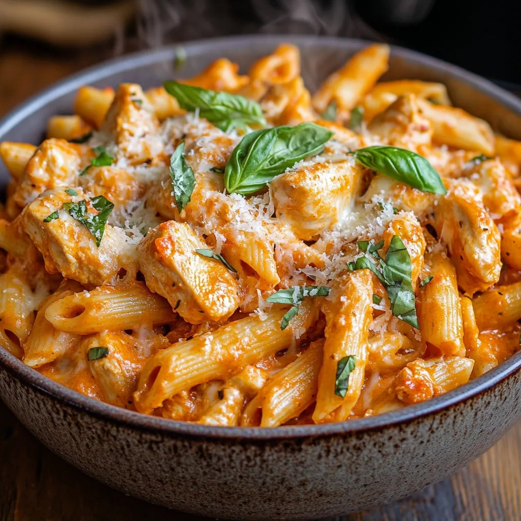 Närbild av en varm skål med en-gryts kyckling parmesan pasta, garnerad med färsk basilika.