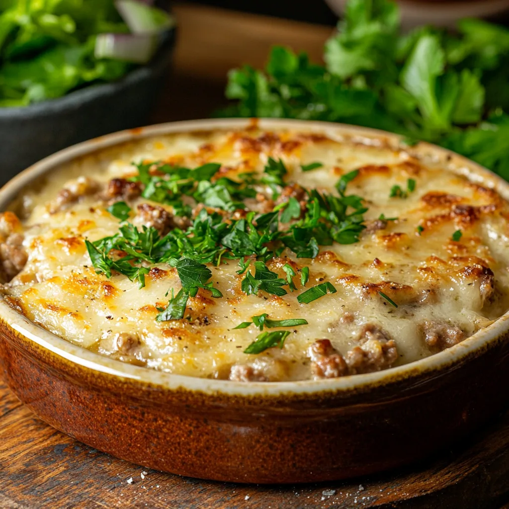 Närbild av en varm skål med krämig vitlöks- och örtgratäng med köttfärs, toppad med smält parmesanost och garnerad med färsk persilja.