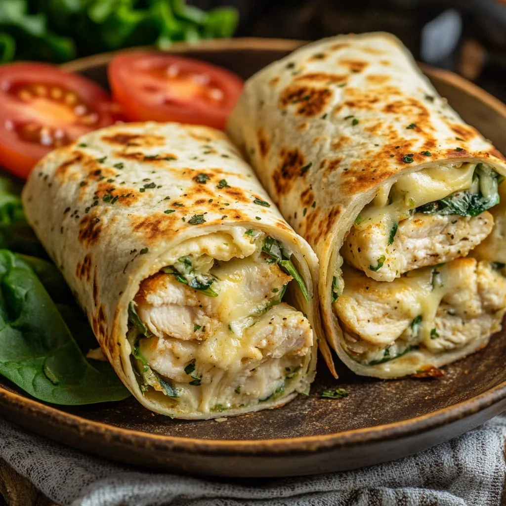 Närbild av en varm tallrik med ostiga vitlökskycklingwraps, garnerad med färsk spenat och tomater.