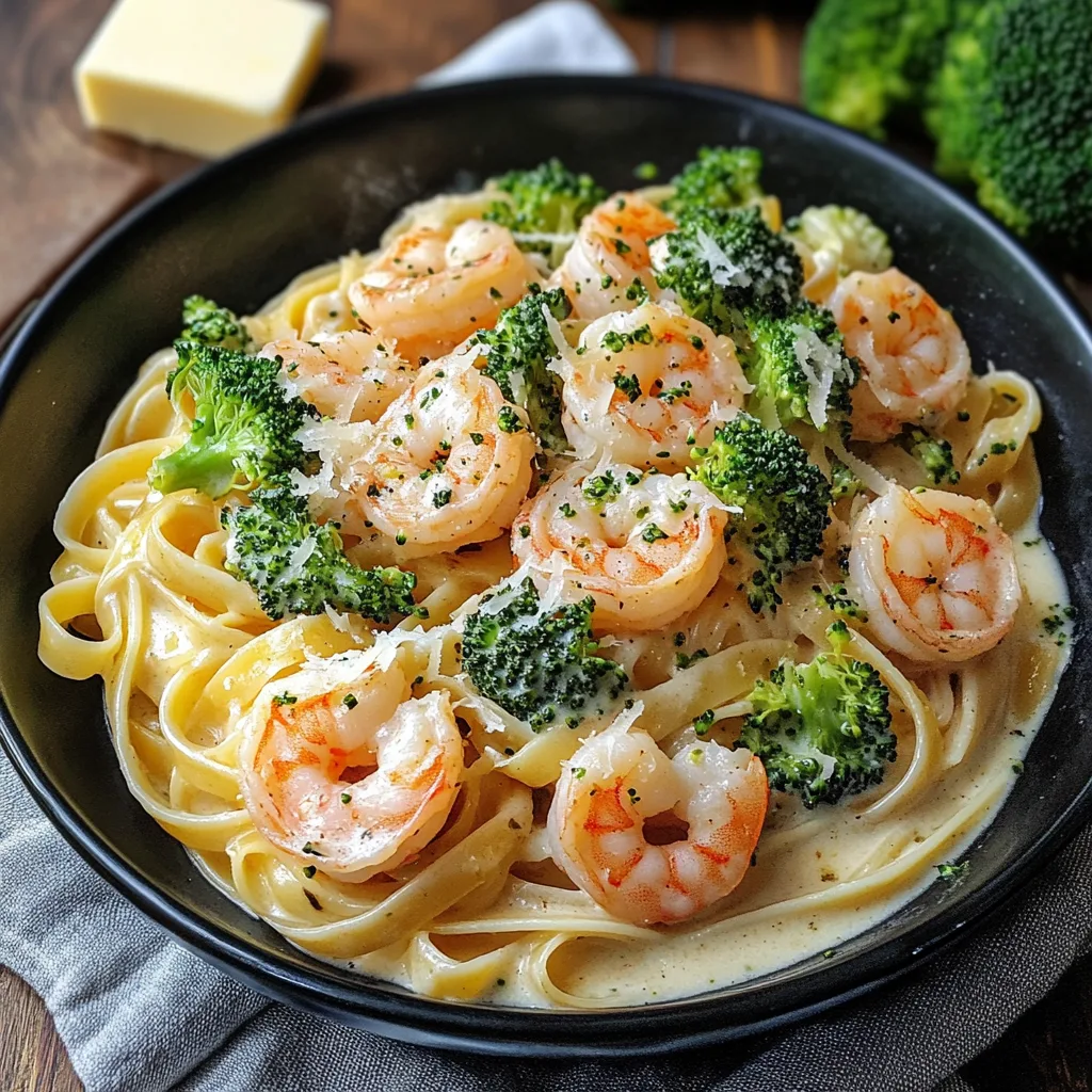 Närbild av en varm tallrik med broccoli räkalfredo, garnerad med färsk persilja.