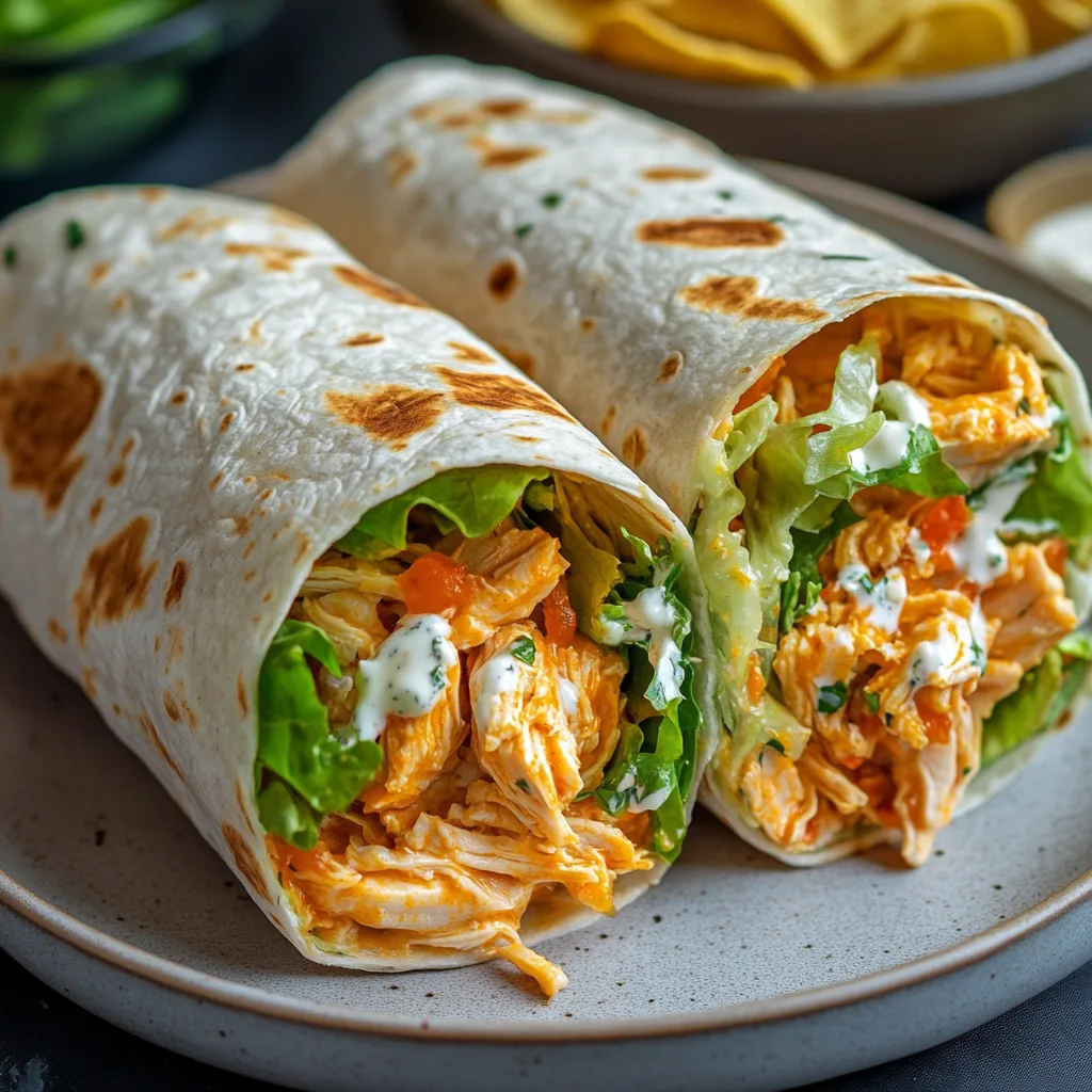 Närbild av en varm tallrik med Buffalo Ranch Kyckling Wraps, garnerad med färsk sallad.
