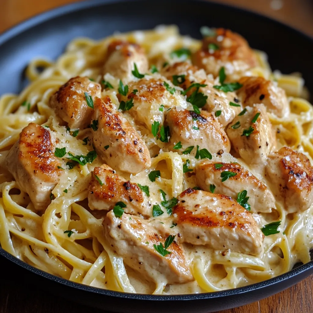 Närbild av en varm tallrik med kyckling i vitlökssmör, serverad med gräddig parmesanpasta och garnerad med färsk persilja.