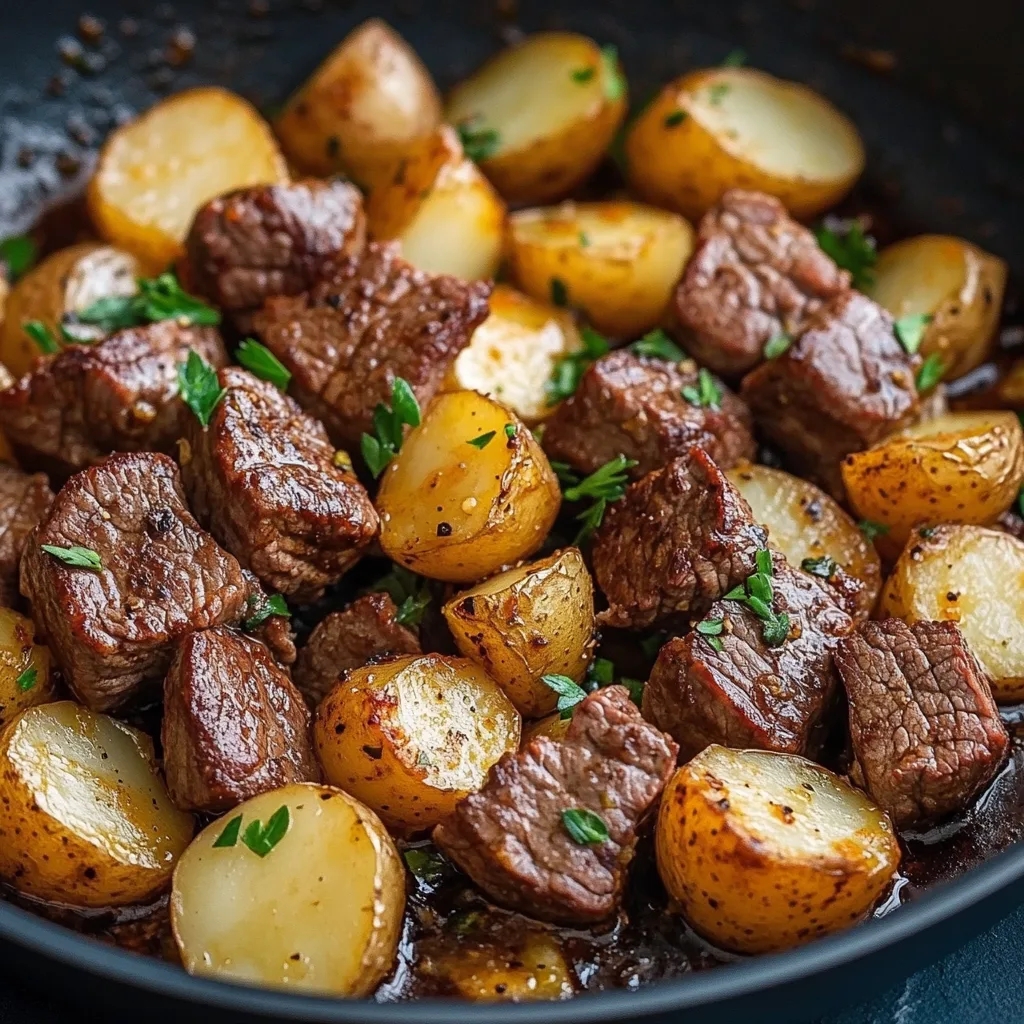 Närbild av en varm tallrik med vitlökstärnad nötkött och potatis, garnerad med färsk persilja.