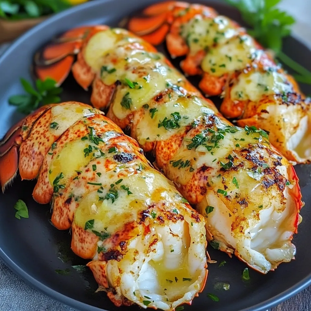 Närbild av en varm tallrik med grillade hummersvansar, serverade med citron- och smörsås och garnerade med färsk persilja.