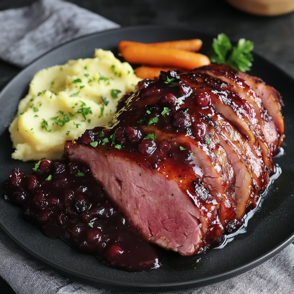 Närbild av en varm tallrik med honungs- och senapsglaserad skinkstek, serverad med svartvinbärssås, potatismos och smörstekta morötter.