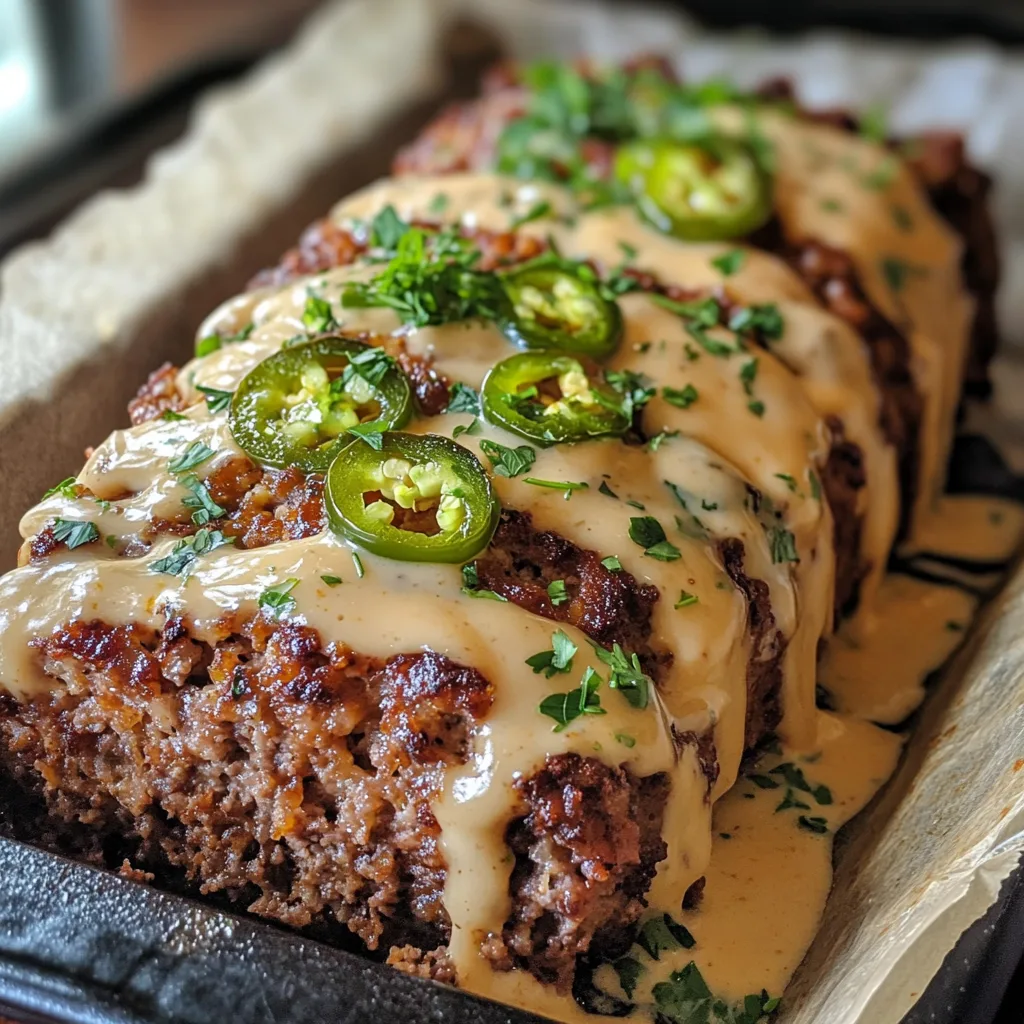 Närbild av en varm tallrik med jalapeño cheddar köttfärslimpa, serverad med en kryddig gräddsås och garnerad med färsk persilja och skivade jalapeños.