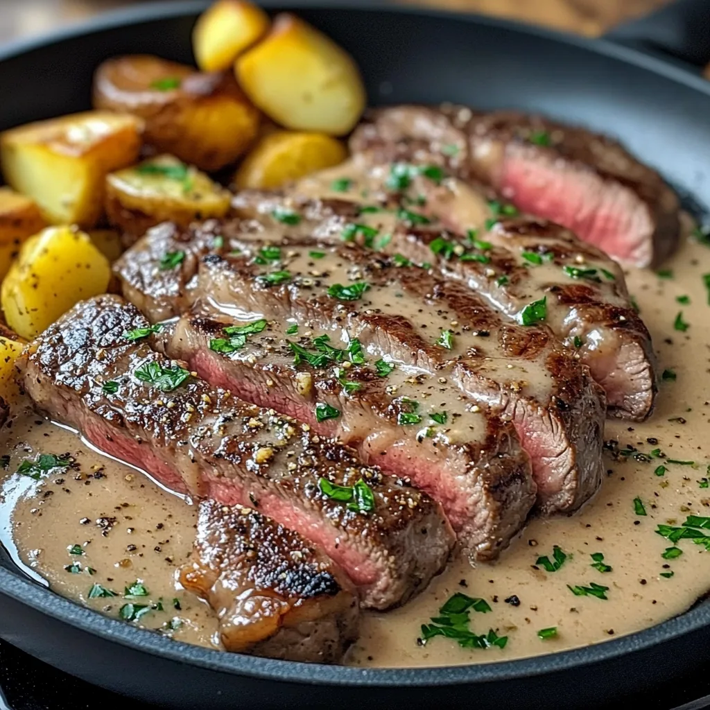 Närbild av en varm tallrik med saftig biff, serverad med krämig vitlökssås och garnerad med färsk persilja.