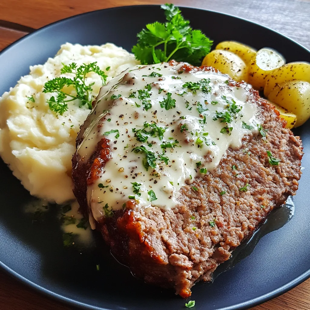 Närbild av en varm tallrik med köttfärslimpa, serverad med potatismos och gräddsås, garnerad med färsk persilja.