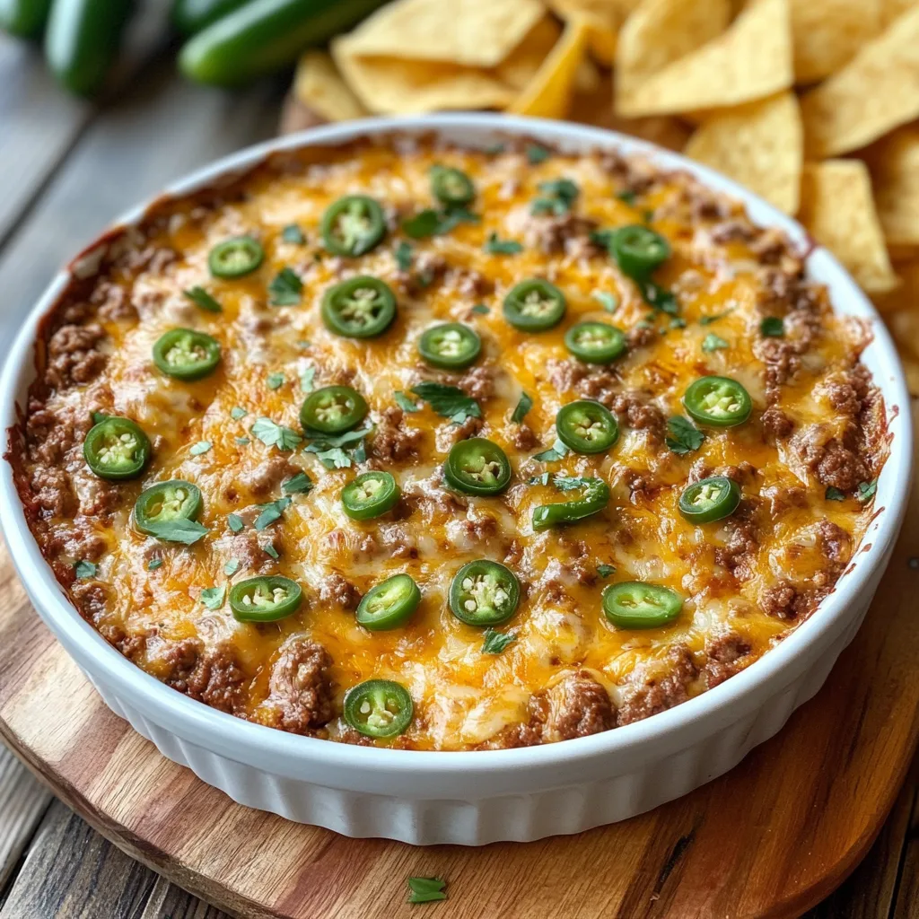 Närbild av en varm skål med Köttig Texas Trash Dip, garnerad med färsk persilja och serverad med tortilla chips.