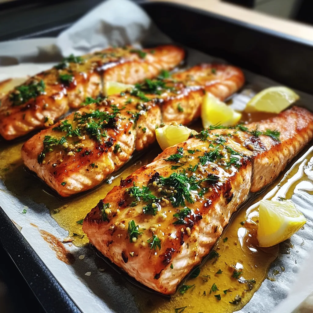 Närbild av en varm tallrik med enkel laxfilé i ugn med honung och senap, serverad med färsk dill och citronklyftor.