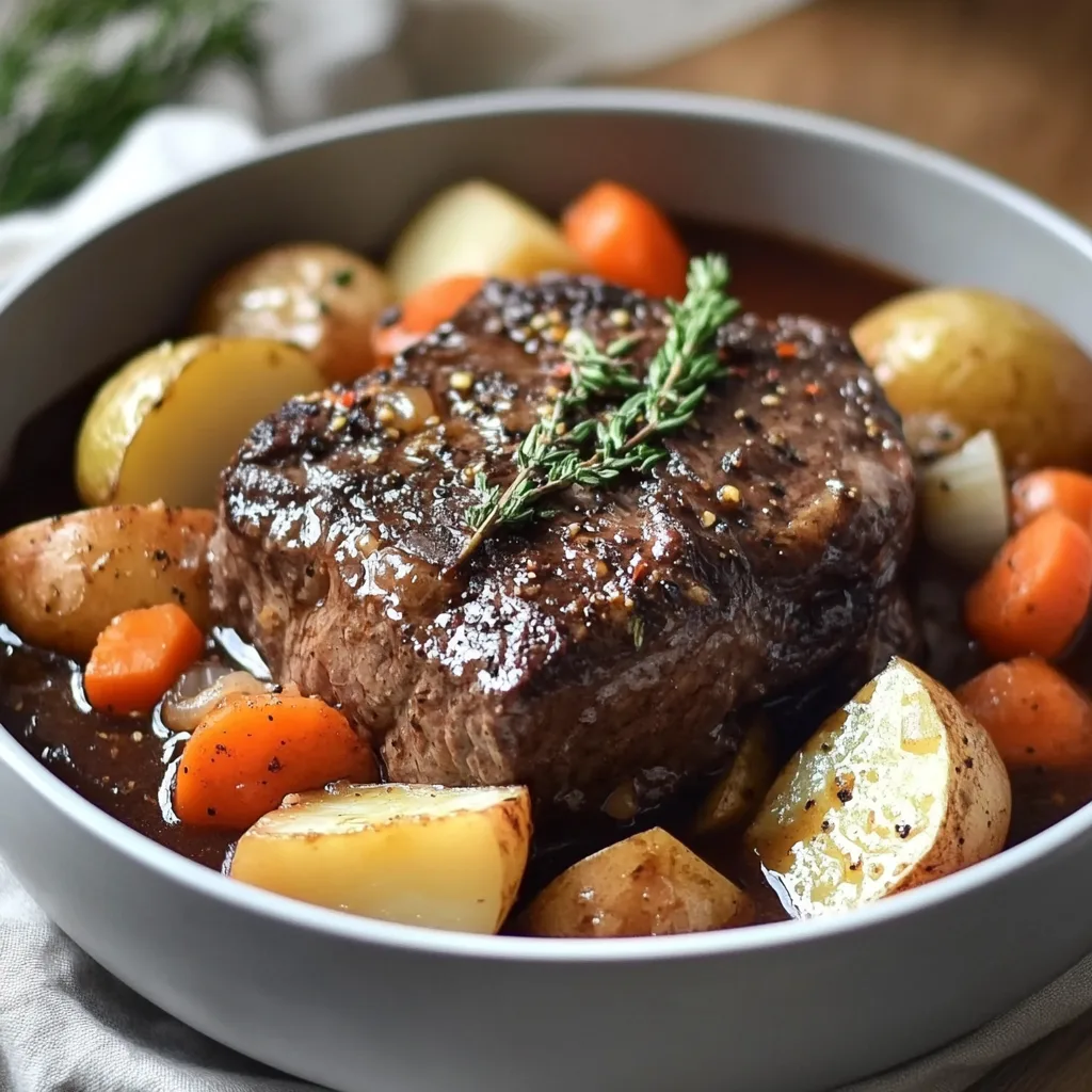 Närbild av en varm tallrik med långkokt oxfilé i slow cooker, garnerad med färska örter.