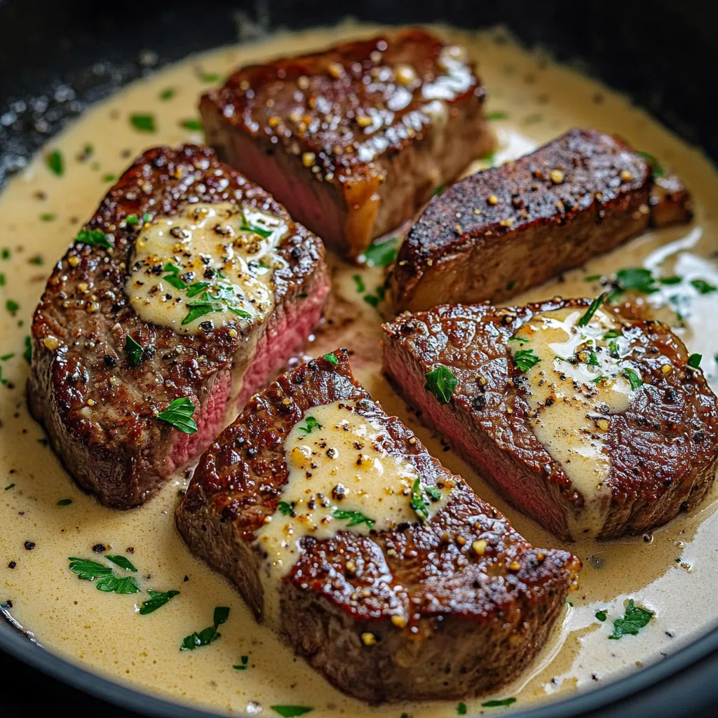 Närbild av en varm tallrik med steak med krämig vitlökssås, garnerad med färsk persilja.