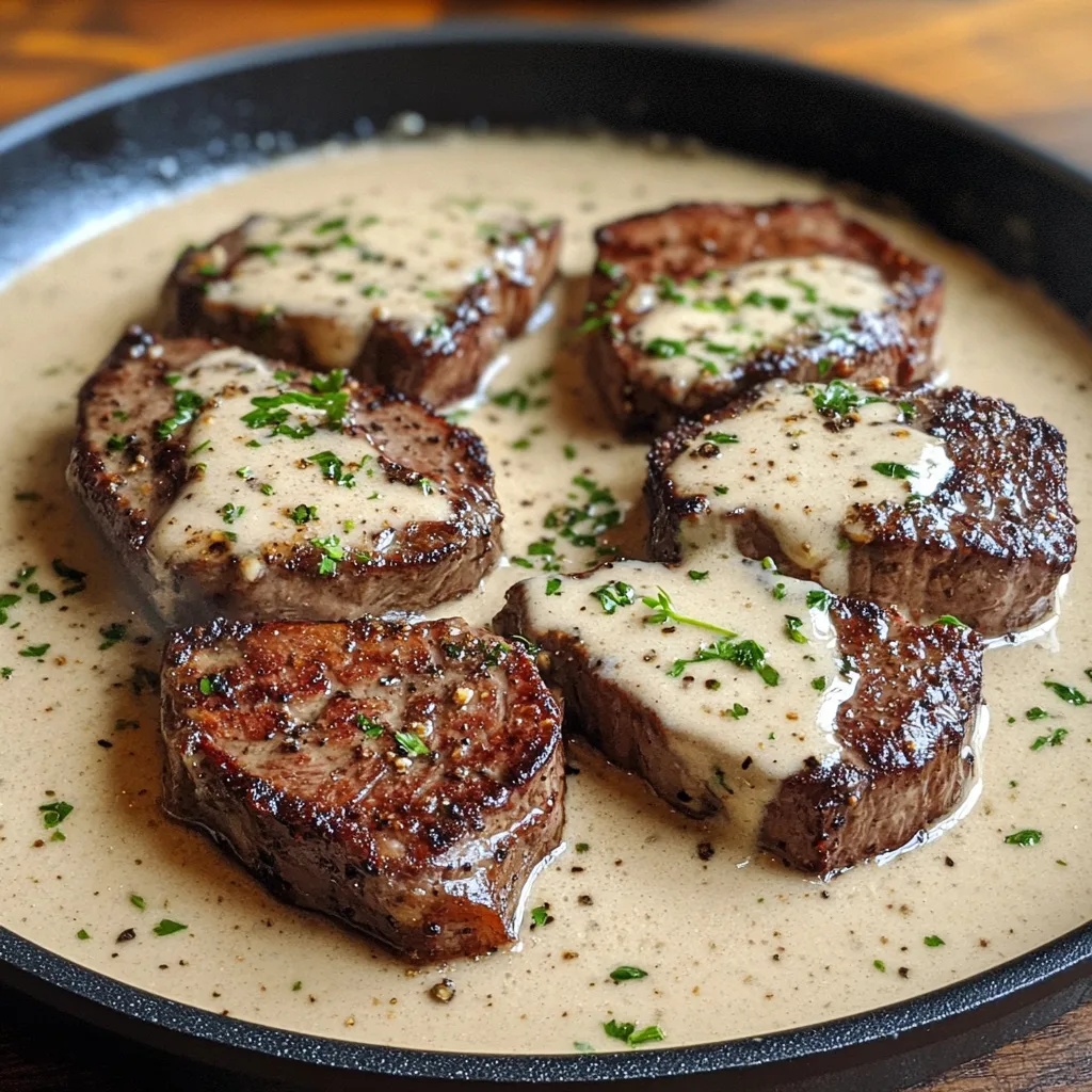 Närbild av en varm tallrik med steak, serverad med vitlökskrämsås och garnerad med färsk persilja.