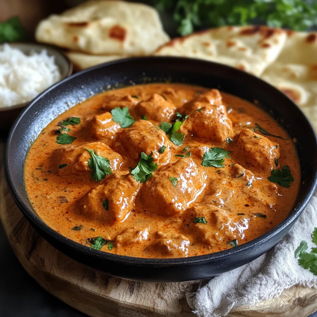 Närbild av en varm tallrik med mör butterkyckling i krämig tomatsås, garnerad med färsk koriander.