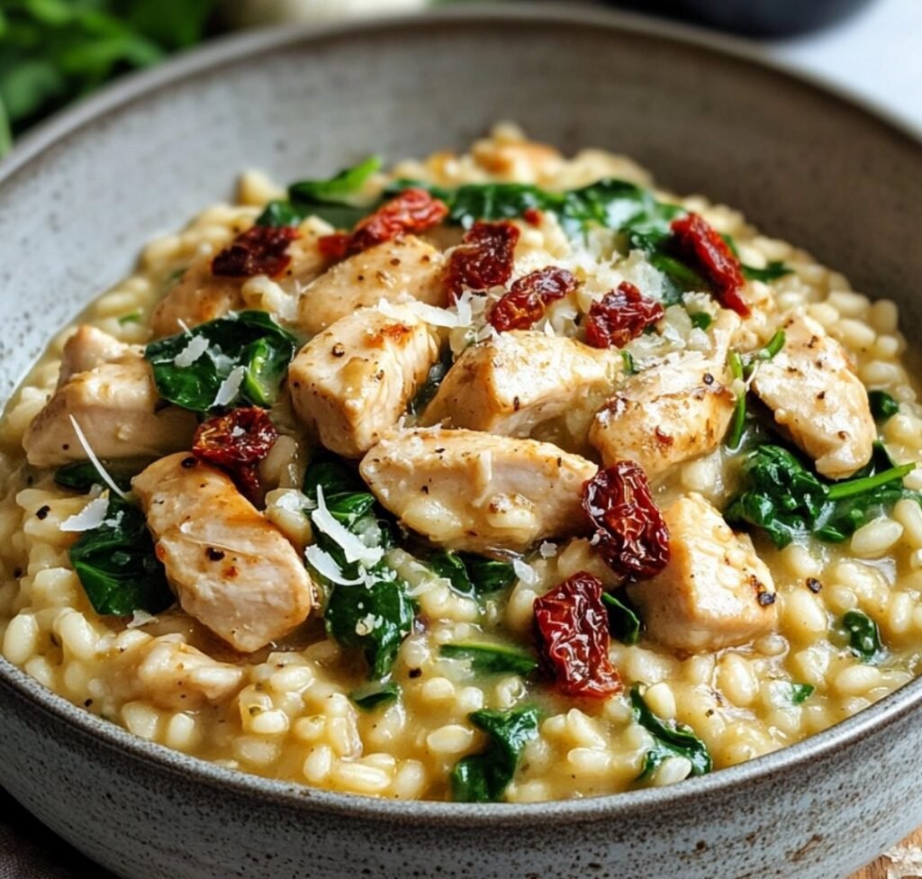 Närbild av en varm tallrik med kycklingrisotto med spenat och soltorkade tomater.