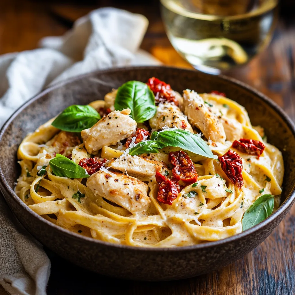 Närbild av en varm tallrik med kyckling Alfredo med fettuccine nudlar, garnerad med färsk persilja.